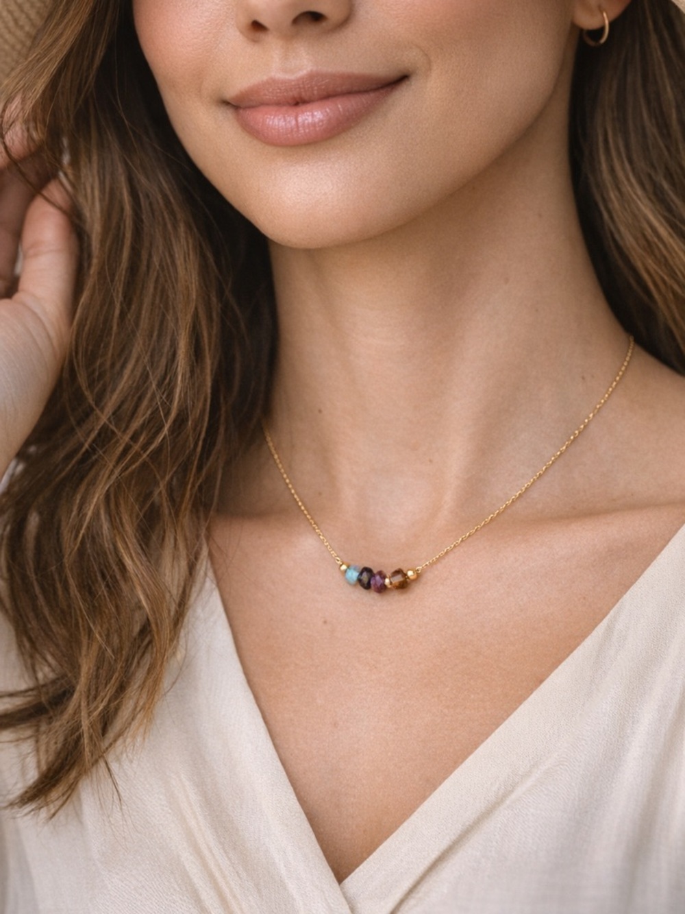 18” Natural Gemstone Chip Necklace — Silver Chain, Boho Chic